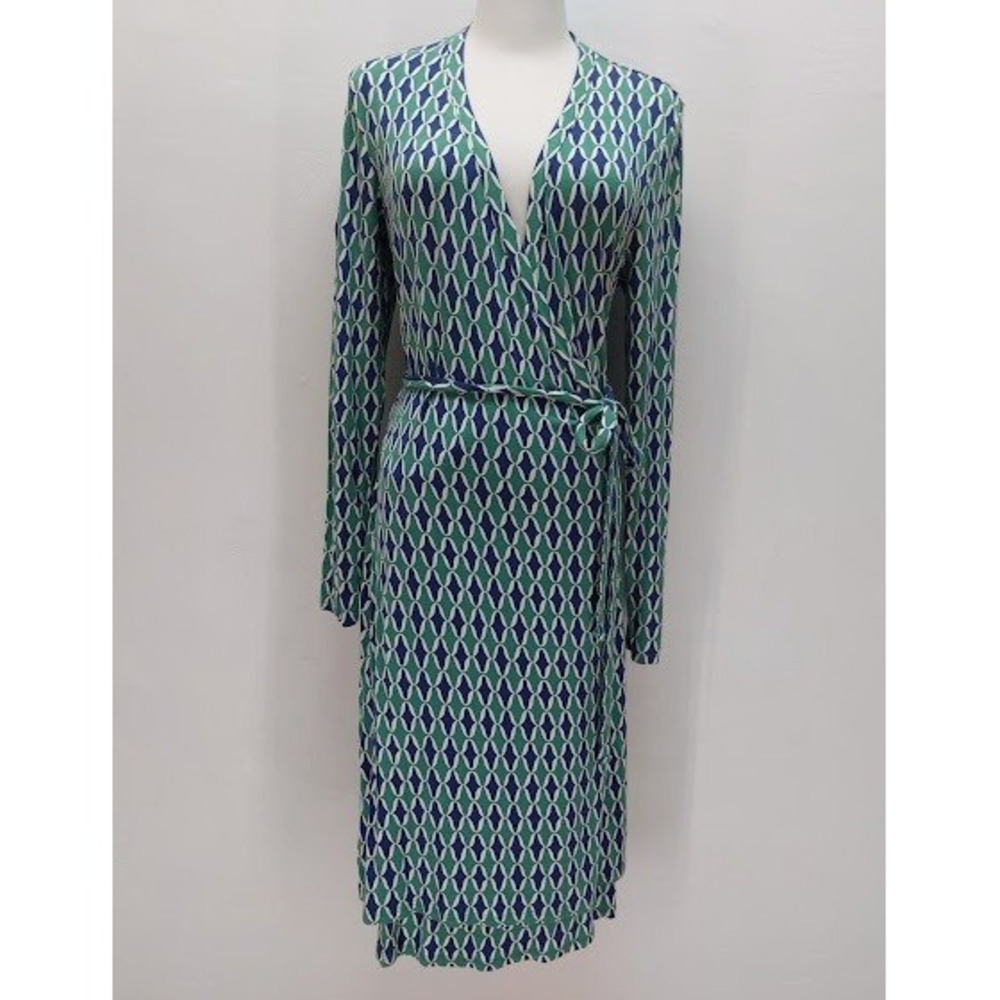 Boden Wrap Dress Women's Size 10R Green Blue Geometric Long Sleeve Knee Length